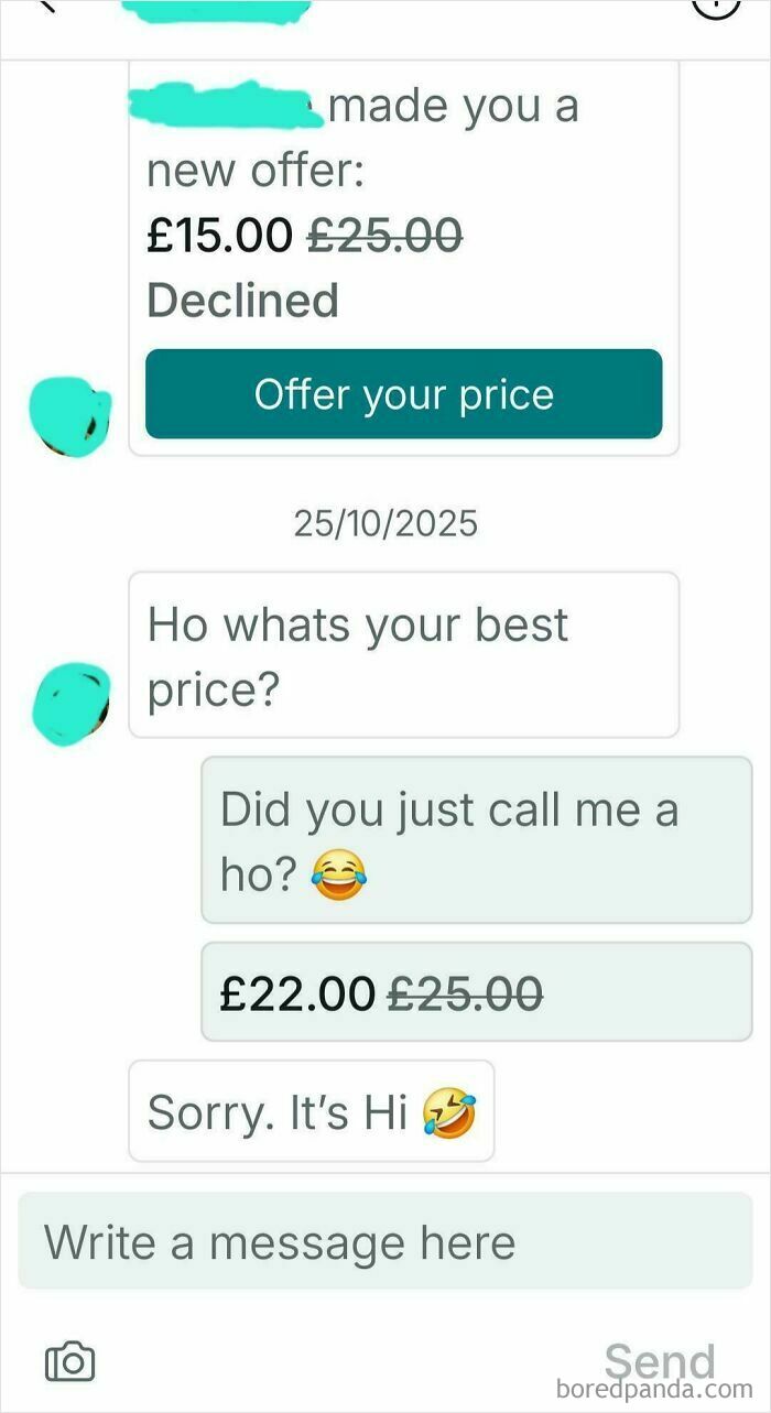 A screenshot of a Vinted chat where a user offers a price, makes a typo, and apologizes, showcasing unhinged Vinted posts.