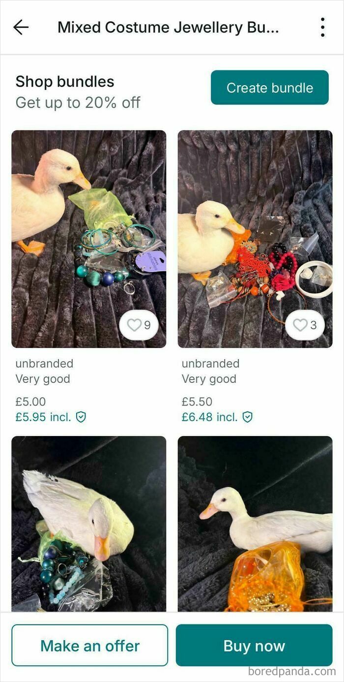 A Vinted post featuring ducks modeling mixed costume jewellery bundles for sale.