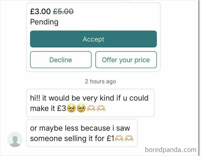 A screenshot of unhinged Vinted posts, showing a buyer asking for a price reduction to £3 or less, citing another seller's £1 price.