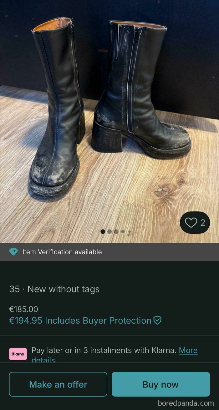 A pair of heavily used black boots with zippers, listed for sale on Vinted, an example of unhinged Vinted posts.