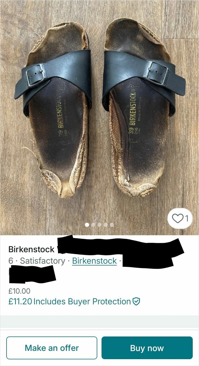 A pair of extremely worn out Birkenstock sandals listed on Vinted, highlighting unhinged Vinted posts.