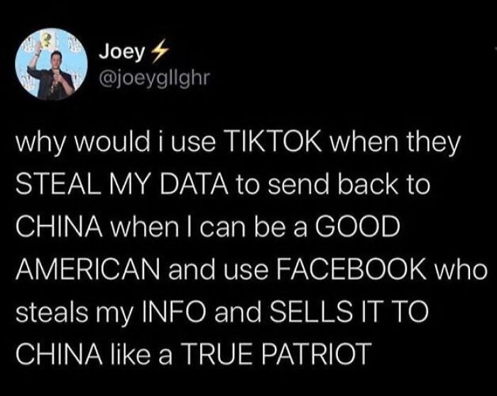 A tweet questioning data theft by TikTok versus Facebook, highlighting a horrid and sad world of digital privacy concerns.