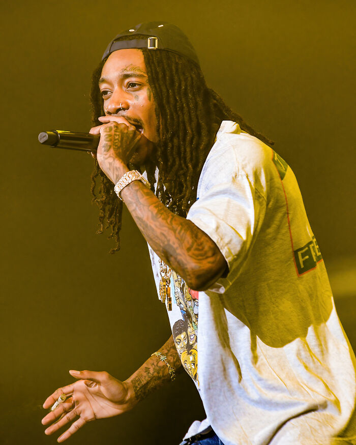 Wiz Khalifa performing live, capturing his bio and career highlights with a microphone in hand, showcasing his iconic dreadlocks and stage presence.