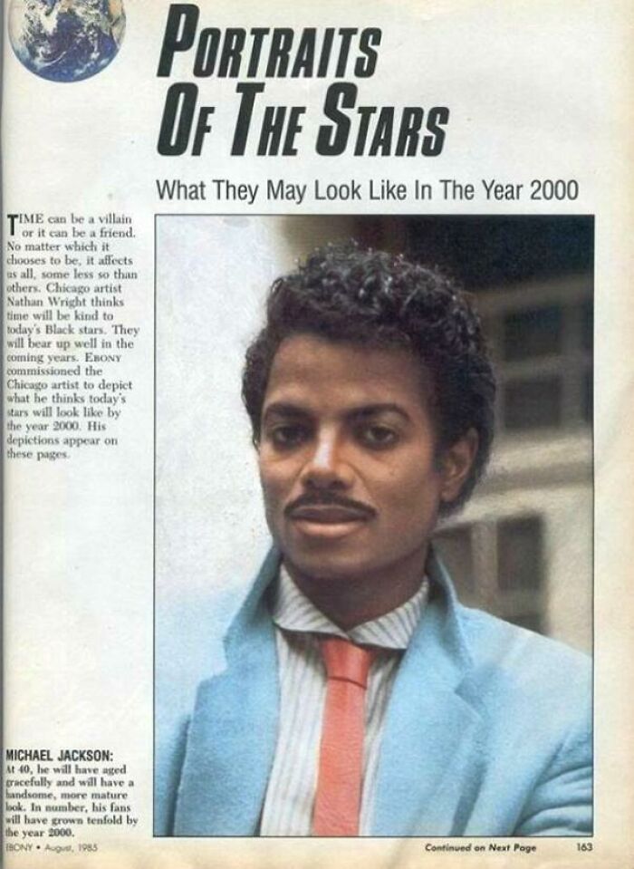 Michael Jackson portrayed in 1985, predicting how his beliefs and words will age over time by the year 2000.
