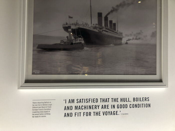 A framed photograph of the Titanic with a quote, illustrating how beliefs and words can age over time.