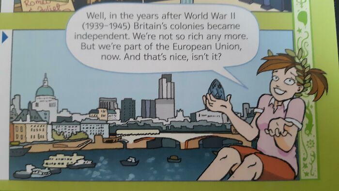 An illustration of a woman discussing post-WWII Britain and the EU, showcasing how badly beliefs and words will age over time.