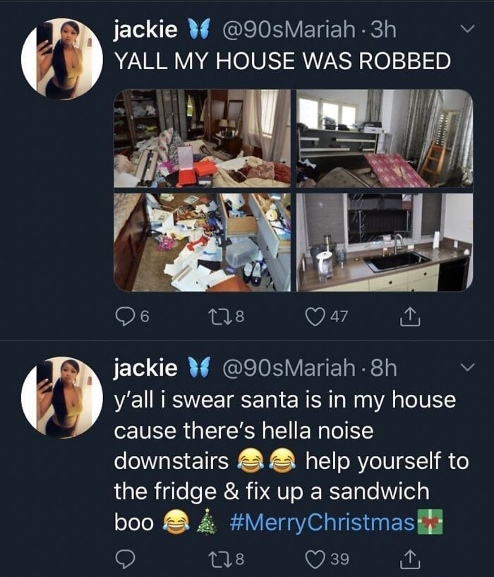 A tweet from a user saying their house was robbed, contrasting with an earlier tweet about noise downstairs. Beliefs and words aging.