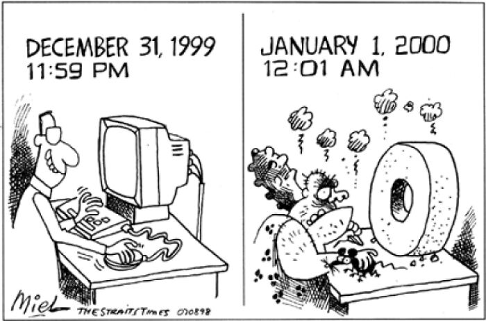 A comic depicting Y2K panic on December 31, 1999, showing how badly beliefs and words will age.