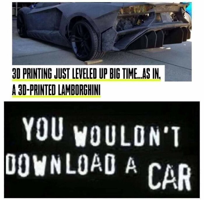 A meme combining a 3D-printed Lamborghini image with a text about how badly beliefs and words will age.
