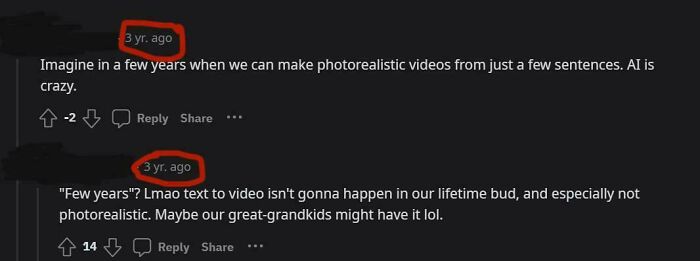 Screenshot of online comments discussing AI and photorealistic videos, with predictions about technology and beliefs aging over time.
