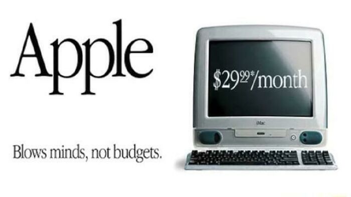 An old Apple iMac advertisement with the text: Blows minds, not budgets. The image shows how beliefs and words age over time.