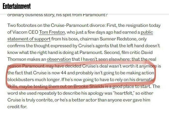 People had no idea beliefs and words will age badly, an article highlights the belief that Tom Cruise at 44 would not make action blockbusters much longer.