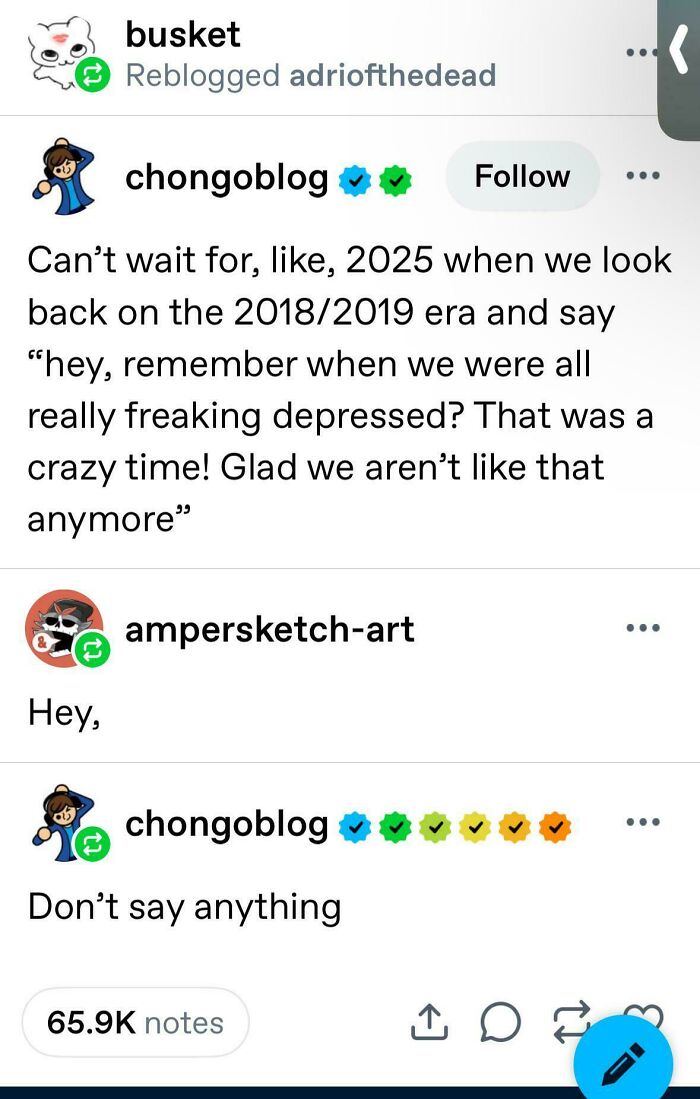 A Tumblr post by chongoblog, reblogged by adriofthedead, discusses 2018/2019 depression, showing beliefs that aged poorly.