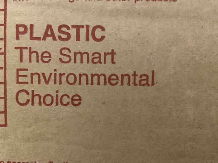 Text on a brown paper bag states Plastic: The Smart Environmental Choice, highlighting beliefs that aged poorly.