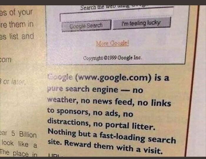 A vintage textbook touts Google as a pure search engine with no ads or distractions, beliefs that aged poorly.