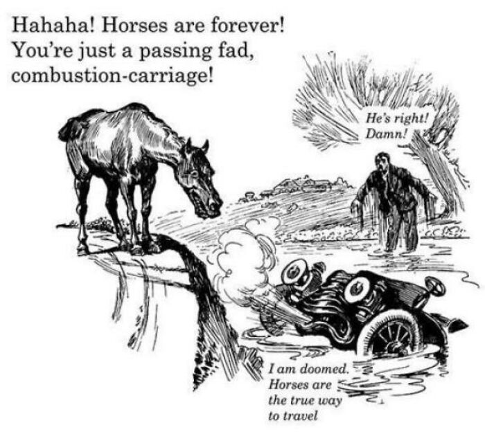 A vintage cartoon depicting horses scoffing at a broken-down car, reflecting beliefs aging over time.