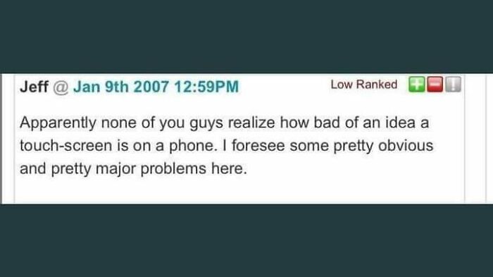 An old forum post from 2007 claiming touchscreens are a bad idea for phones, highlighting beliefs aging.