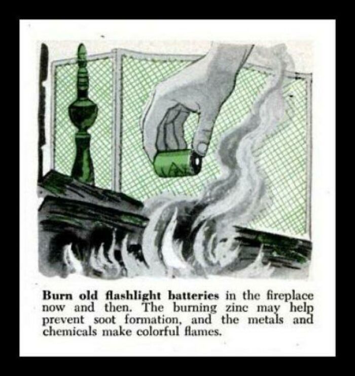 An old illustration advising to burn flashlight batteries in a fireplace, a terrible idea that aged badly.