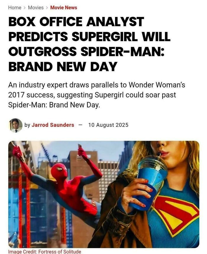 Box office analyst predicts Supergirl will outgrow Spider-Man: Brand New Day, showing how beliefs and words will age.