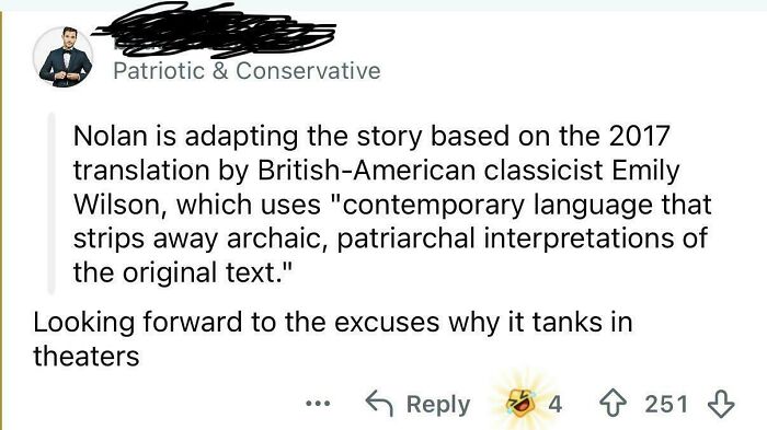 A screenshot of a Reddit comment about Nolan adapting a story, expressing beliefs that could age badly.
