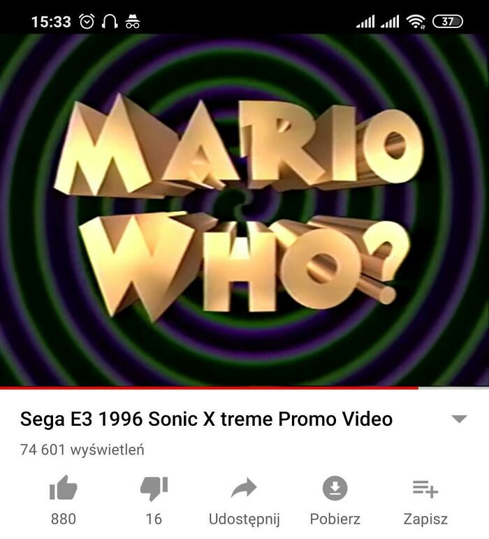 A YouTube screenshot with the title "Mario Who?" from a 1996 Sonic X-treme promo, showcasing beliefs that age badly.