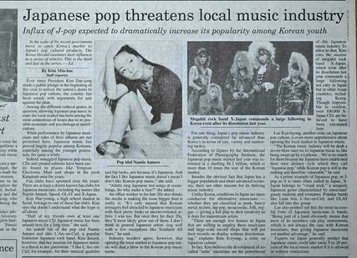 A newspaper article from the 90s about J-pop threatening local music industry, reflecting beliefs that age badly.
