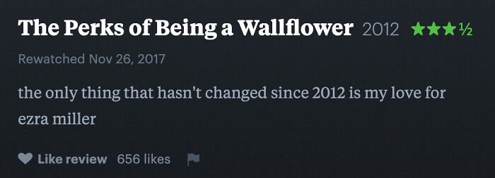 Screenshot of a Letterboxd review for The Perks of Being a Wallflower. An example of beliefs and words aging badly.