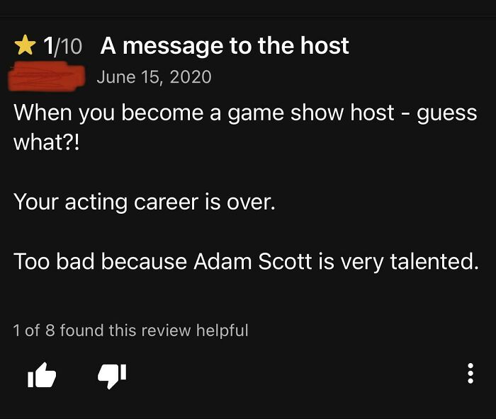 Screenshot of a review for a show or movie, giving a 1/10 rating. An example of words aging over time.