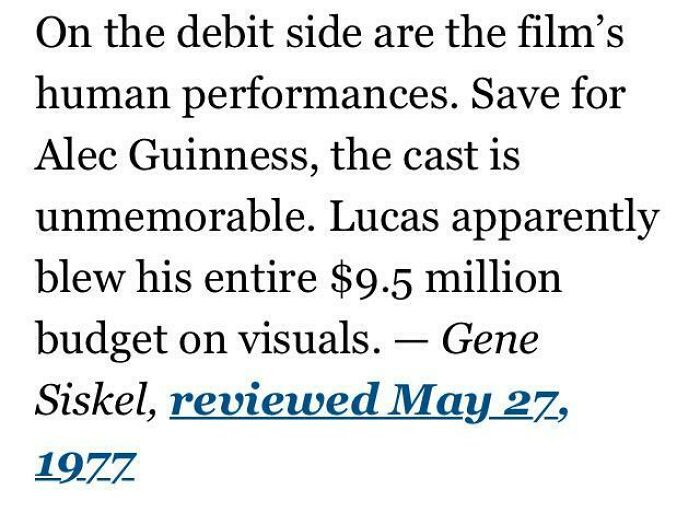 Text from a film review by Gene Siskel reviewing a film, stating the cast is unmemorable. An example of words aging badly.