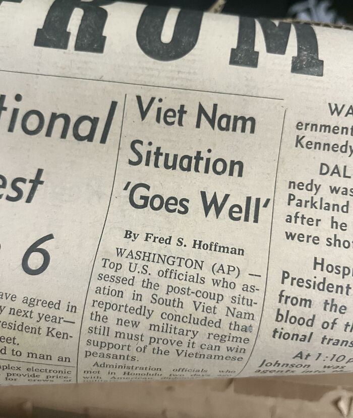 Newspaper clipping with the headline Viet Nam Situation 'Goes Well.' An example of beliefs and words aging badly.