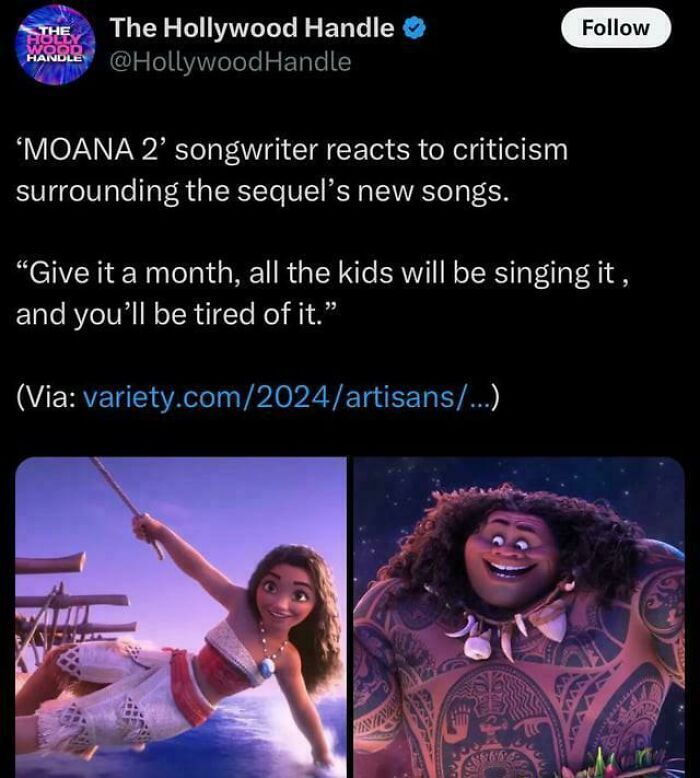 Screenshot of a tweet about Moana 2's songwriter and images of Moana and Maui. An example of beliefs aging over time.