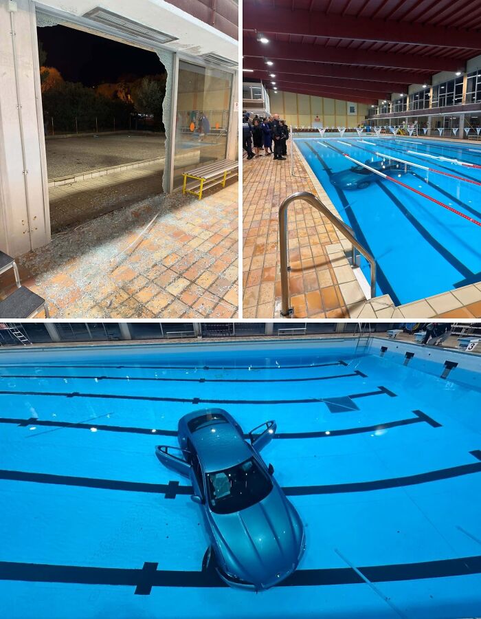 Truly bizarre car submerged in a swimming pool, showing things people had to take a photo of to make sure they're not hallucinating.