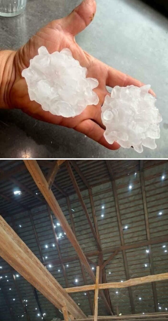 Hand holding truly bizarre hailstones the size of fists and a roof with holes, showing things people had to take a photo of.