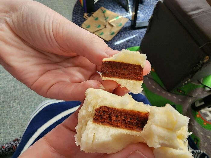 Hands holding a bun cut in half, revealing a strange, dry red filling, a truly bizarre thing to hallucinate.