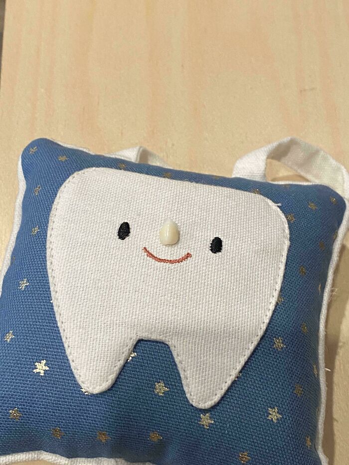 A small, white tooth on a tooth-shaped pillow, a truly bizarre but cute item.