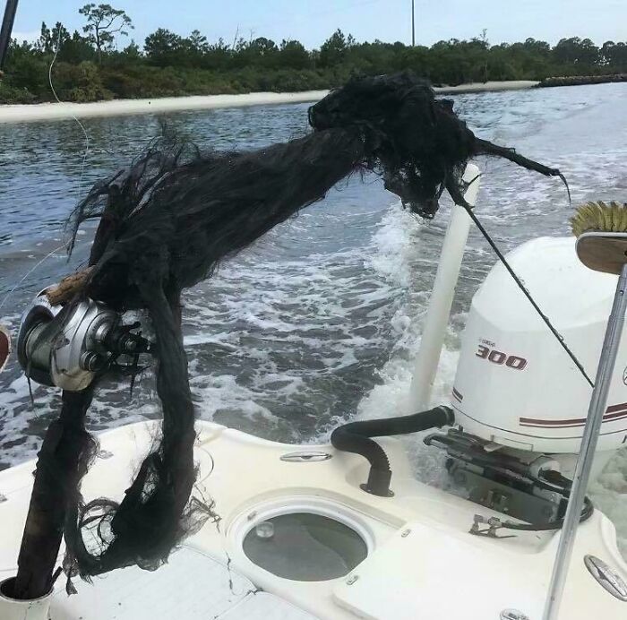 A large, tangled black fishing net on the back of a boat, a truly bizarre sight on the water.
