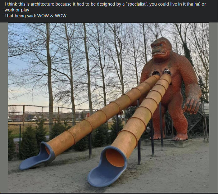 A massive brown gorilla statue with two slides protruding from its chest, a clear case of playground fails.