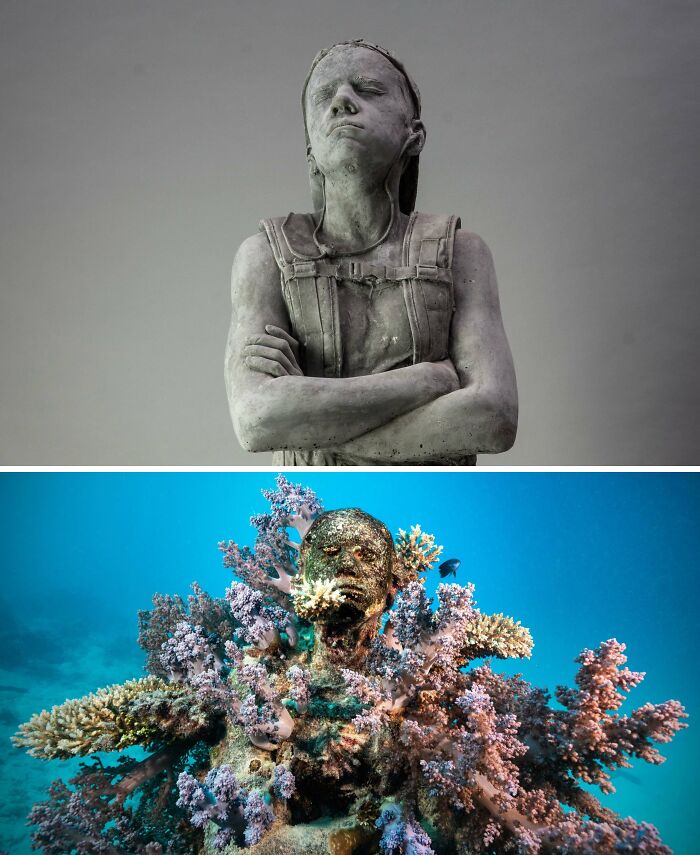 Top: A young person sculpture with arms crossed. Bottom: An underwater sculpture covered in coral, supporting marine life.