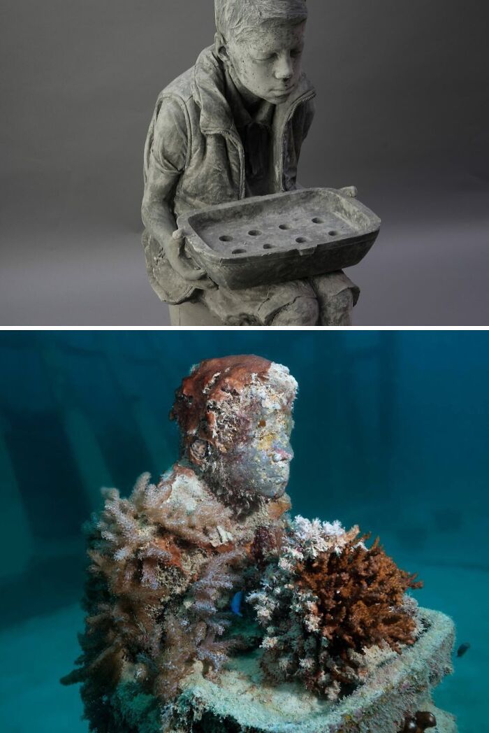 Top: A boy sculpture holding a tray. Bottom: An underwater sculpture covered in coral, supporting marine life.