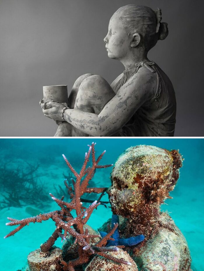 Top: A child sculpture holding a pot. Bottom: An underwater sculpture covered in red coral, supporting marine life.