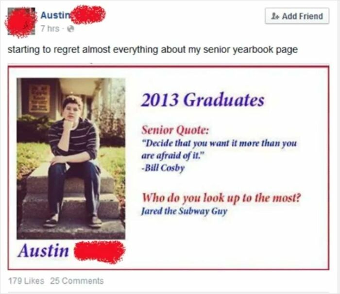 A senior yearbook page with quotes and heroes that will make beliefs and words age badly over time.