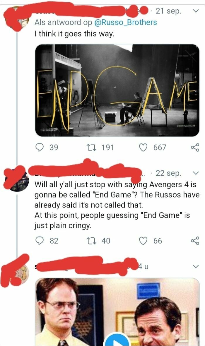 A tweet about Avengers 4, illustrating how beliefs and words about its title will age over time.