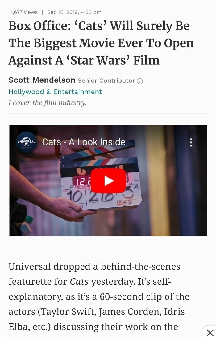 An article discussing how beliefs and words about Cats the movie will age over time against a Star Wars film.