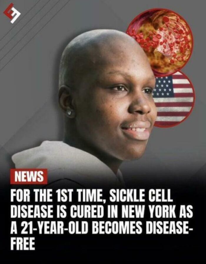 Uplifting posts: A young person smiling, with text about the first sickle cell disease cure in New York.