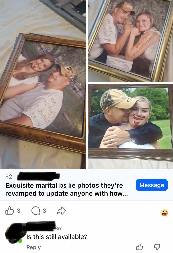 Cringey People marital photos with red lipstick marks and text, listed for sale online.