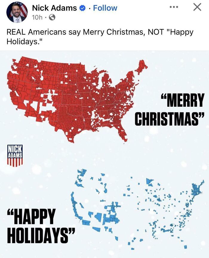 Cringey people: A map of the USA showing counties that say Merry Christmas in red and Happy Holidays in blue.