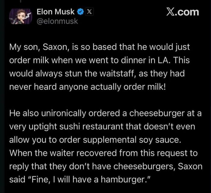 A screenshot of an Elon Musk tweet discussing his son ordering unusual items, a cringey example.