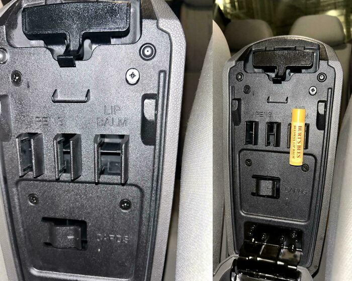 A car compartment with slots labeled 'PENS' and 'LIP BALM', showing a mildly interesting picture with lip balm inserted.