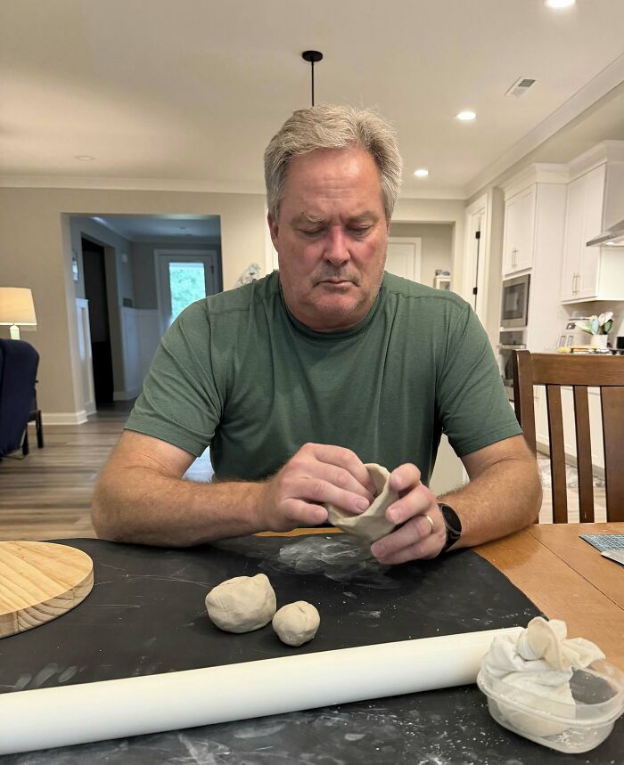 A man crafting pottery, sweet proof of a loving relationship where a woman found the right man after 40 years together.