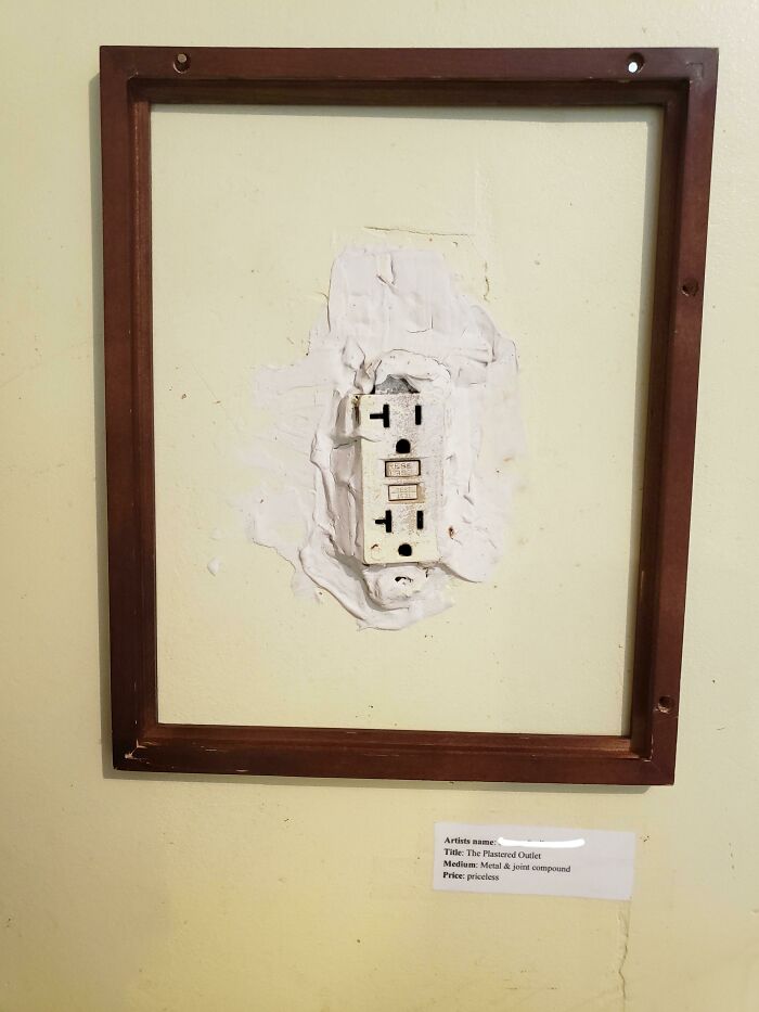 A poorly installed electrical outlet, framed on a wall, displaying questionable home improvement project results.